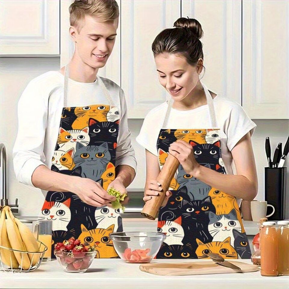 Valkyrie Kedi Desenli Mutfak Önlüğü Cepli Ayarlanabilir Askılı Unisex Mutfak Pişirme Servis Temizlik Önlüğü