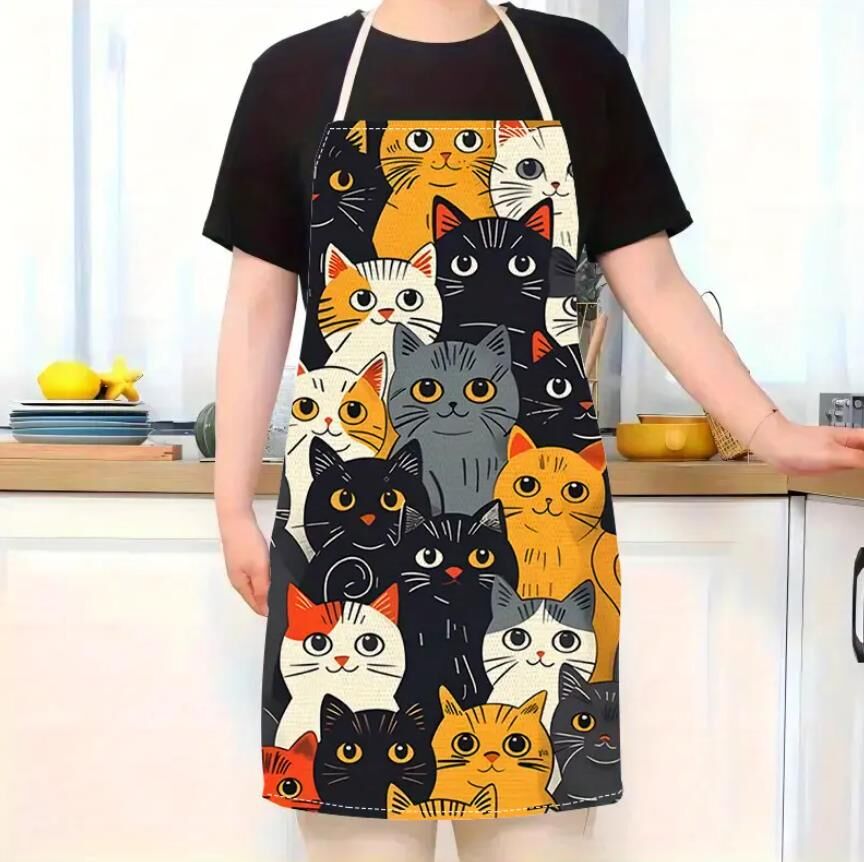 Valkyrie Kedi Desenli Mutfak Önlüğü Cepli Ayarlanabilir Askılı Unisex Mutfak Pişirme Servis Temizlik Önlüğü
