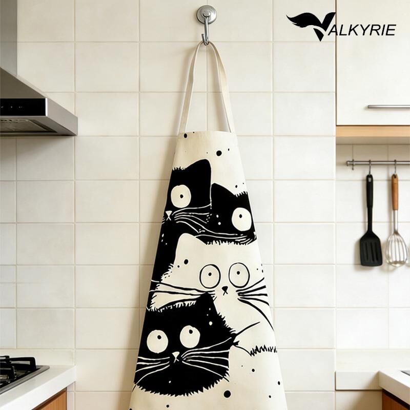 Valkyrie Siyah Beyaz Kedi Desenli Mutfak Önlüğü Cepli Unisex Mutfak Pişirme Temizlik Servis Önlüğü