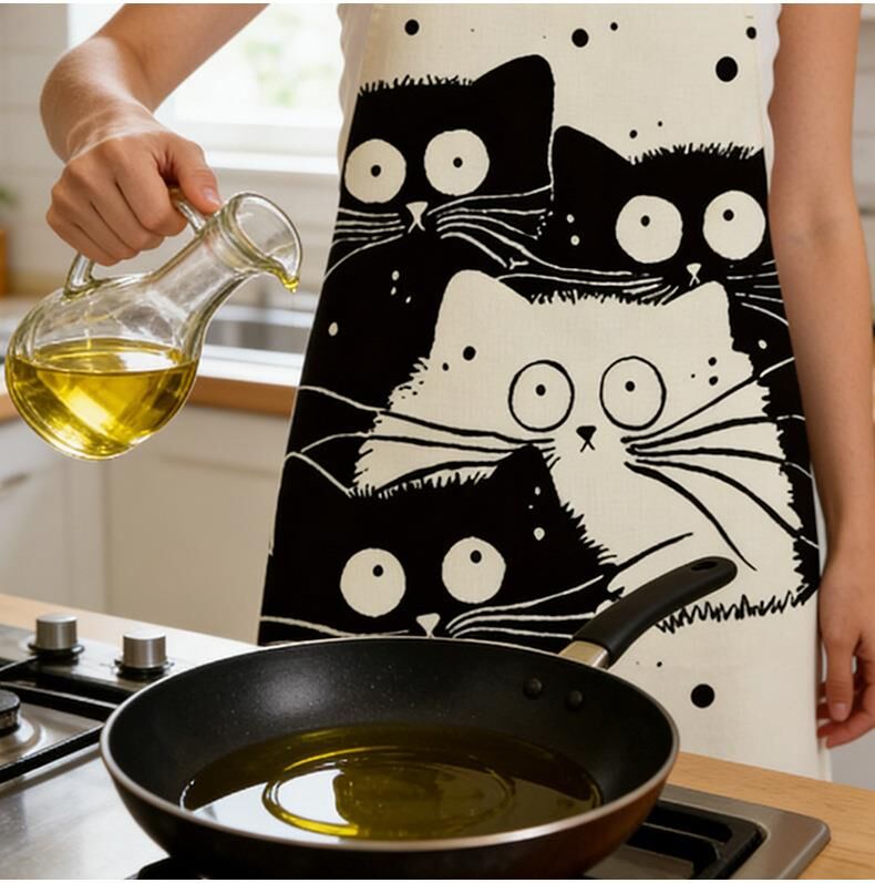 Valkyrie Siyah Beyaz Kedi Desenli Mutfak Önlüğü Cepli Unisex Mutfak Pişirme Temizlik Servis Önlüğü