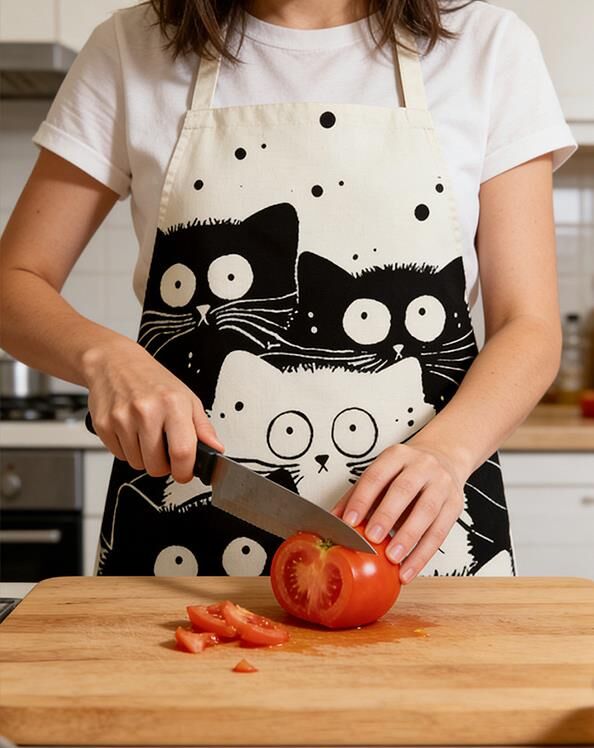 Valkyrie Siyah Beyaz Kedi Desenli Mutfak Önlüğü Cepli Unisex Mutfak Pişirme Temizlik Servis Önlüğü