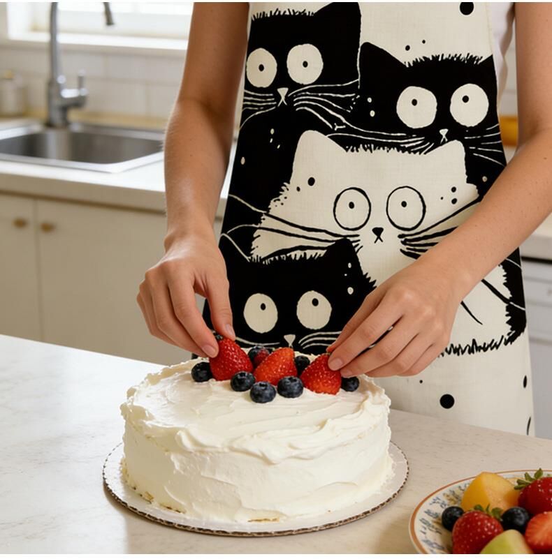 Valkyrie Siyah Beyaz Kedi Desenli Mutfak Önlüğü Cepli Unisex Mutfak Pişirme Temizlik Servis Önlüğü