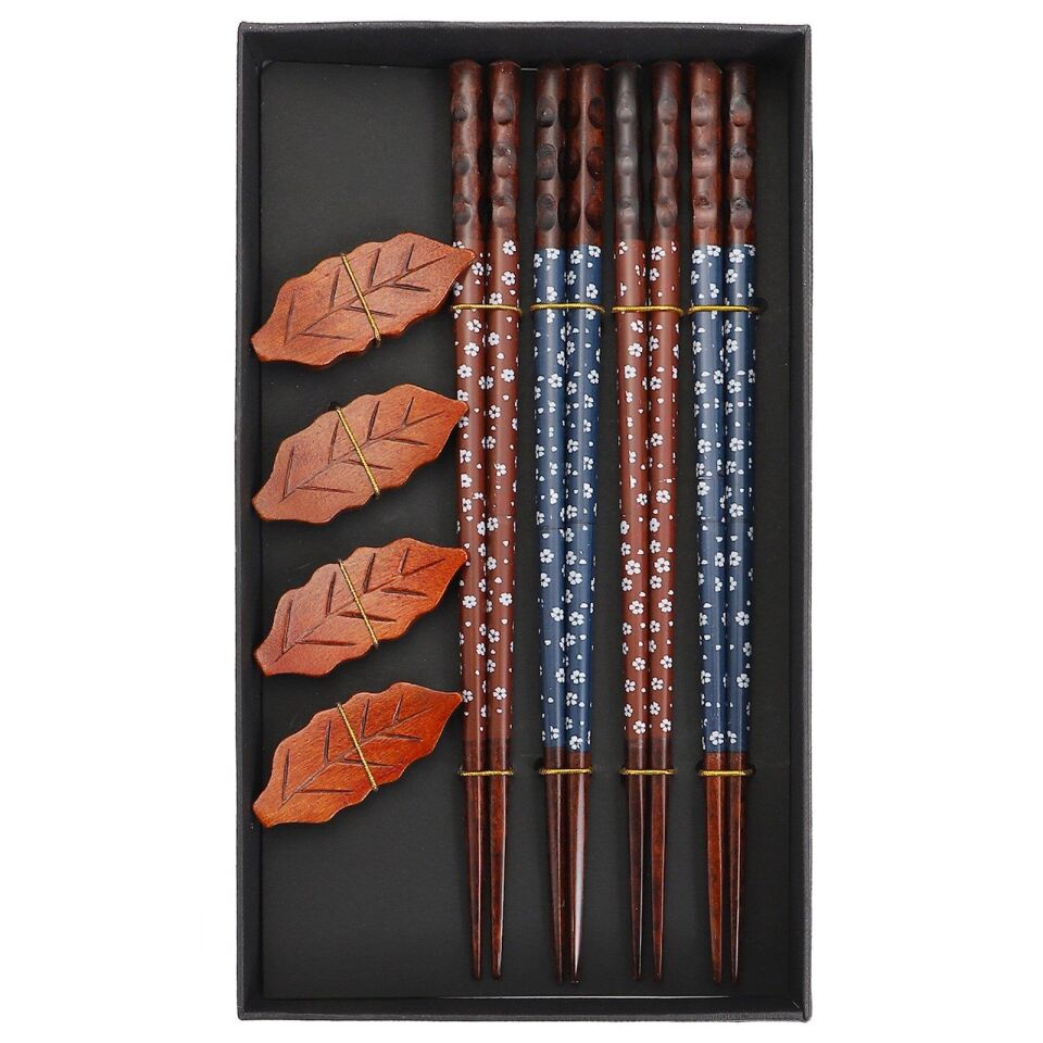 Valkyrie 4 Çift Doğal Ahşap Yemek Çubuğu Seti 8 Adet Japon Chopstick 4 Yaprak Ahşap Tutacak, Kutulu 22,5cm