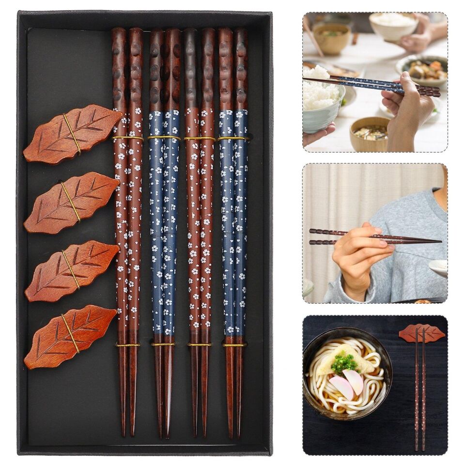 Valkyrie 4 Çift Doğal Ahşap Yemek Çubuğu Seti 8 Adet Japon Chopstick 4 Yaprak Ahşap Tutacak, Kutulu 22,5cm