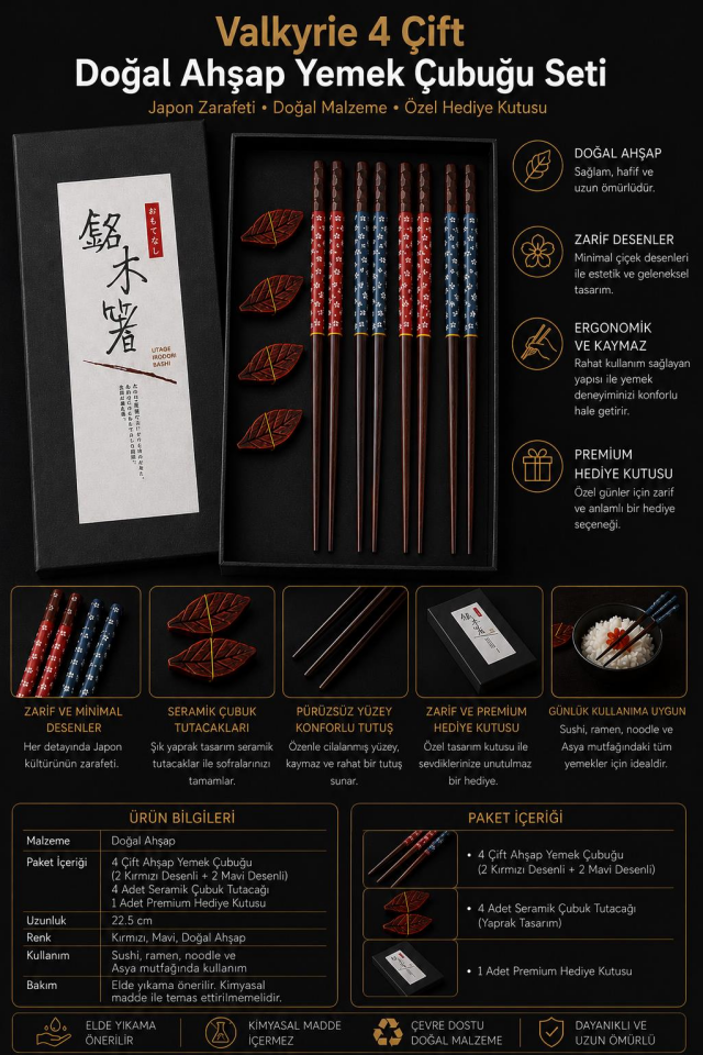 Valkyrie 4 Çift Doğal Ahşap Yemek Çubuğu Seti 8 Adet Japon Chopstick 4 Yaprak Ahşap Tutacak, Kutulu 22,5cm