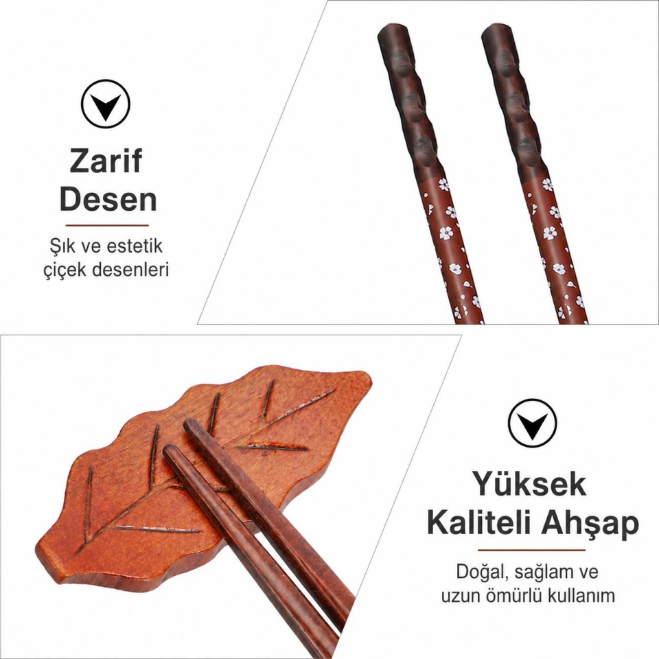 Valkyrie 4 Çift Doğal Ahşap Yemek Çubuğu Seti 8 Adet Japon Chopstick 4 Yaprak Ahşap Tutacak, Kutulu 22,5cm