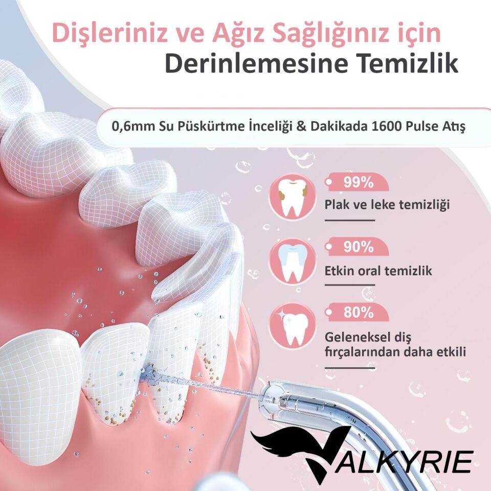 Valkyrie Şarj Edilebilir Diş Protez Bakım Ağız Duşu 4 Başlıklı Taşınabilir 1. Kalite Beyaz