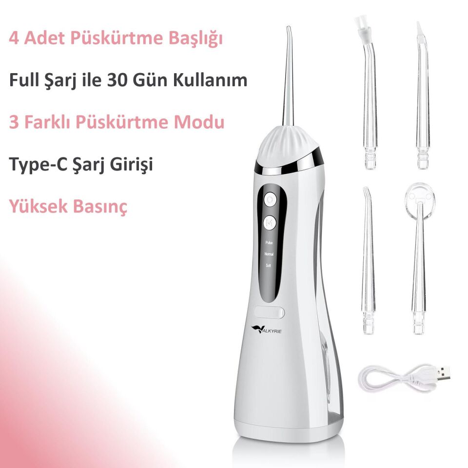 Valkyrie Şarj Edilebilir Diş Protez Bakım Ağız Duşu 4 Başlıklı Taşınabilir 1. Kalite Beyaz