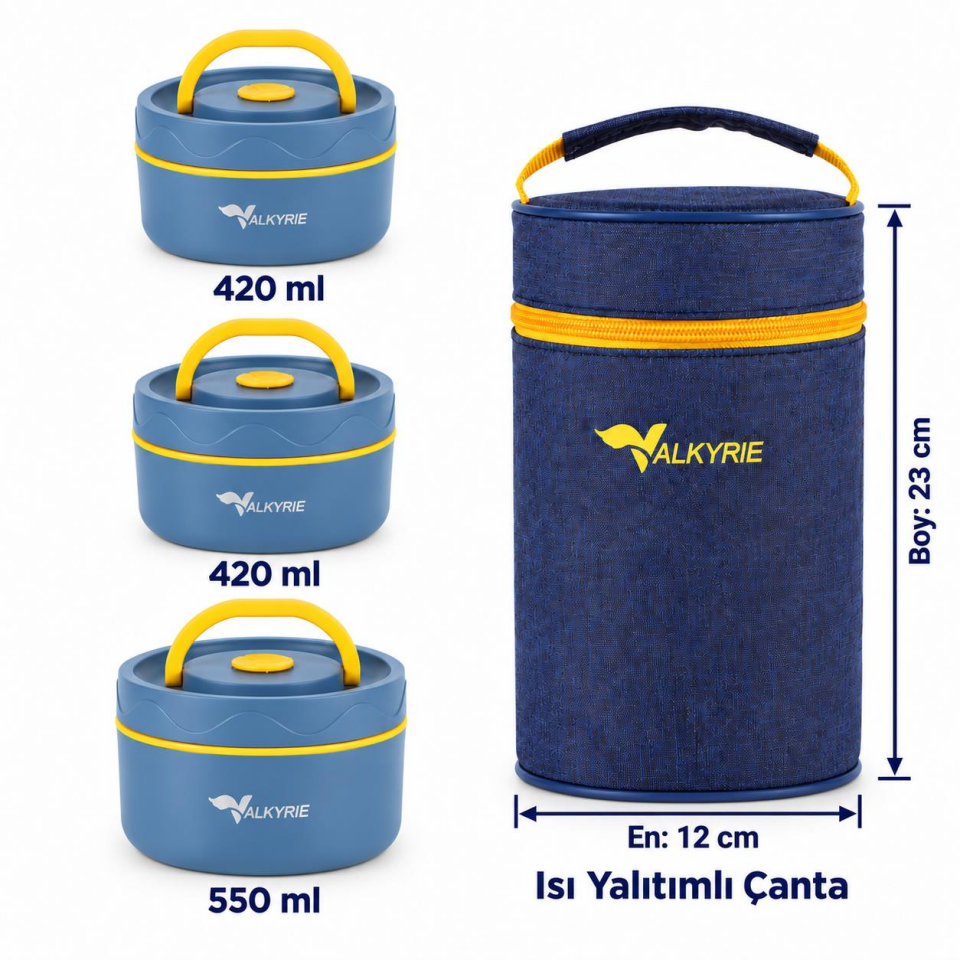 Valkyrie 3 Göz Taraftar 304 Paslanmaz Çelik Yemek Lunch Box 420+420+550 ml Isı Yalıtımlı Çantalı