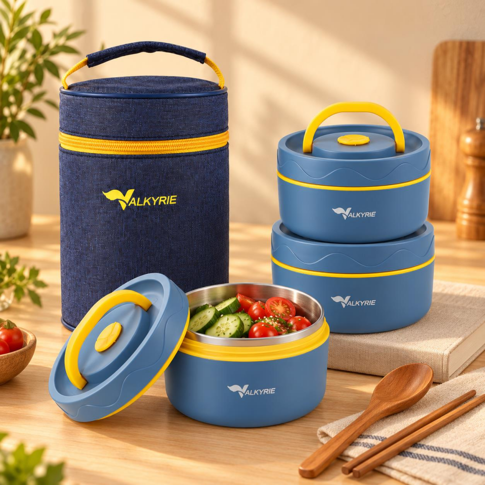 Valkyrie 3 Göz Taraftar 304 Paslanmaz Çelik Yemek Lunch Box 420+420+550 ml Isı Yalıtımlı Çantalı