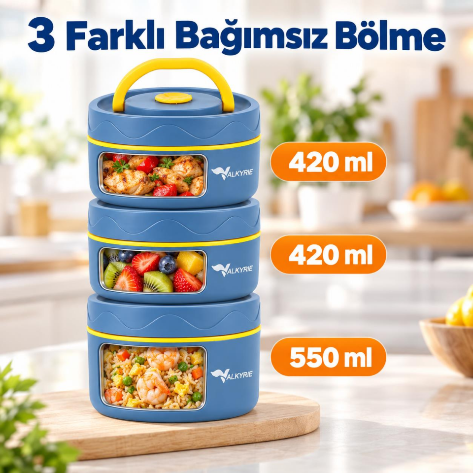 Valkyrie 3 Göz Taraftar 304 Paslanmaz Çelik Yemek Lunch Box 420+420+550 ml Isı Yalıtımlı Çantalı
