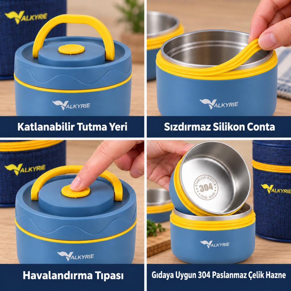 Valkyrie 3 Göz Taraftar 304 Paslanmaz Çelik Yemek Lunch Box 420+420+550 ml Isı Yalıtımlı Çantalı