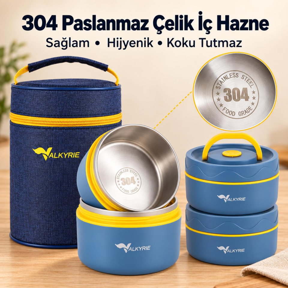 Valkyrie 3 Göz Taraftar 304 Paslanmaz Çelik Yemek Lunch Box 420+420+550 ml Isı Yalıtımlı Çantalı