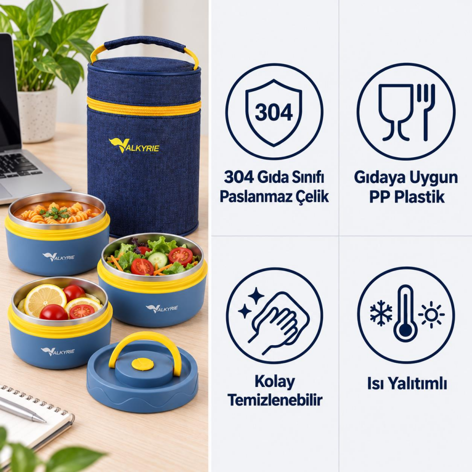 Valkyrie 3 Göz Taraftar 304 Paslanmaz Çelik Yemek Lunch Box 420+420+550 ml Isı Yalıtımlı Çantalı