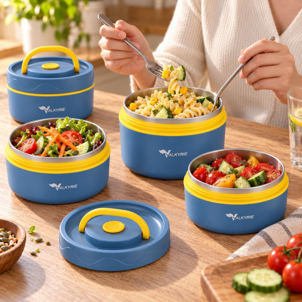 Valkyrie 3 Göz Taraftar 304 Paslanmaz Çelik Yemek Lunch Box 420+420+550 ml Isı Yalıtımlı Çantalı