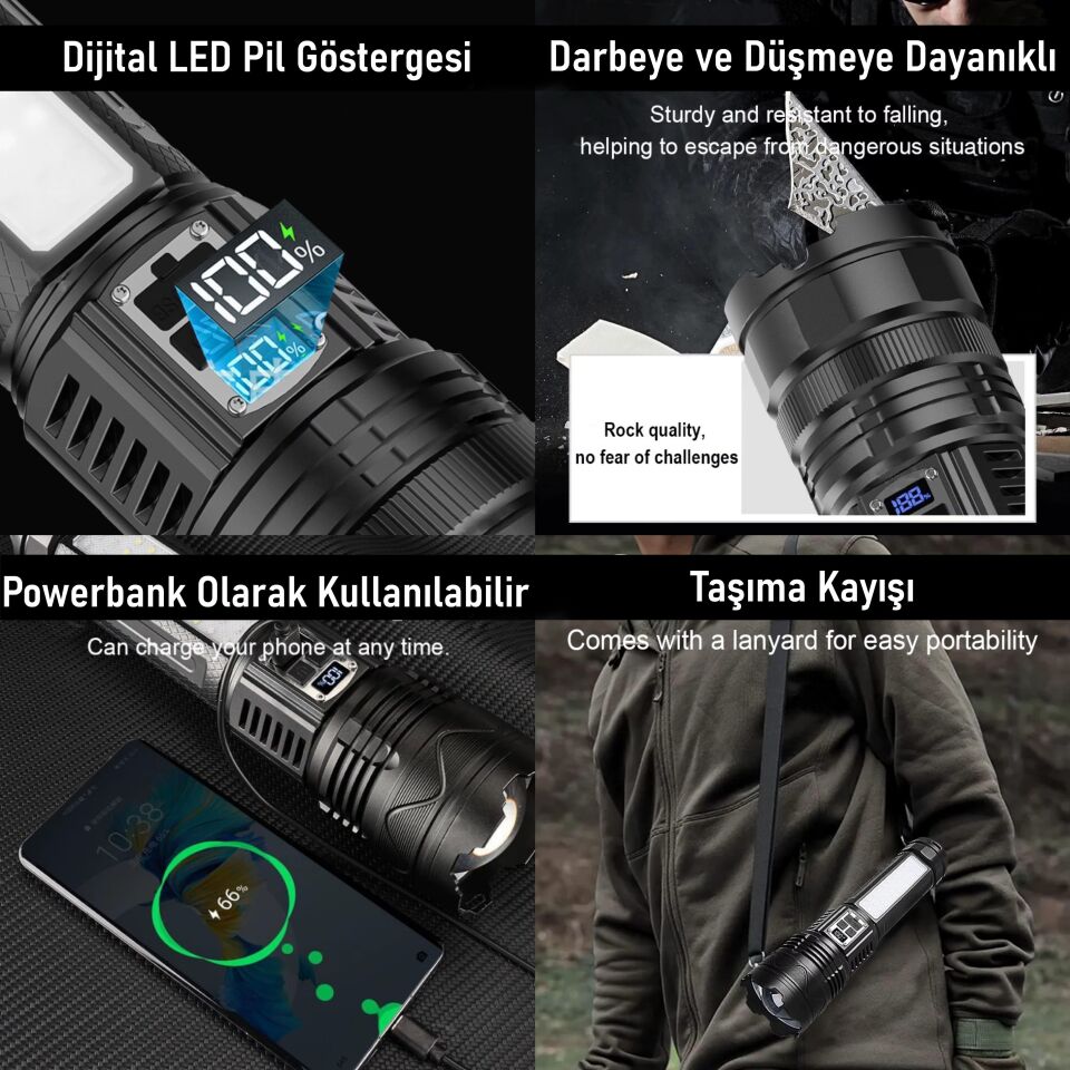 Valkyrie Şarjlı El Feneri 5400mAh 30W 9 Mod Powerbank Özellikli 6KM Aydınlatma