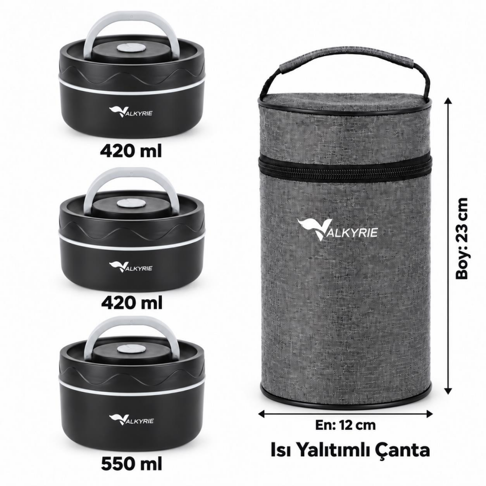 Valkyrie 3 Katlı Taraftar 304 Paslanmaz Çelik Yemek Termosu 420+420+550ml Isı Yalıtımlı Çantalı Siyah