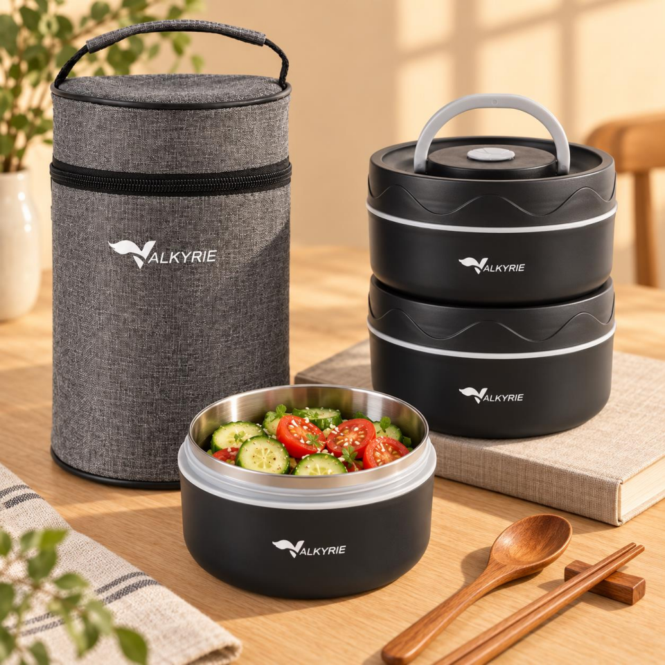 Valkyrie 3 Katlı Taraftar 304 Paslanmaz Çelik Yemek Termosu 420+420+550ml Isı Yalıtımlı Çantalı Siyah
