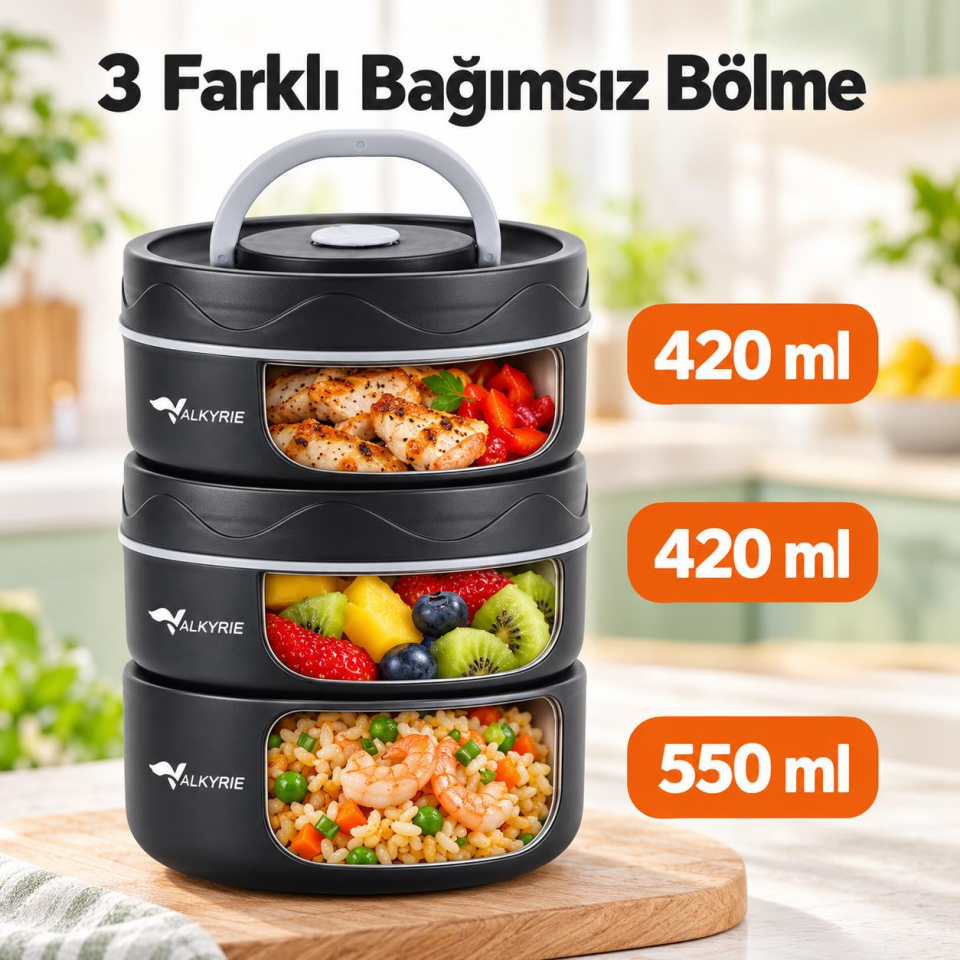 Valkyrie 3 Katlı Taraftar 304 Paslanmaz Çelik Yemek Termosu 420+420+550ml Isı Yalıtımlı Çantalı Siyah