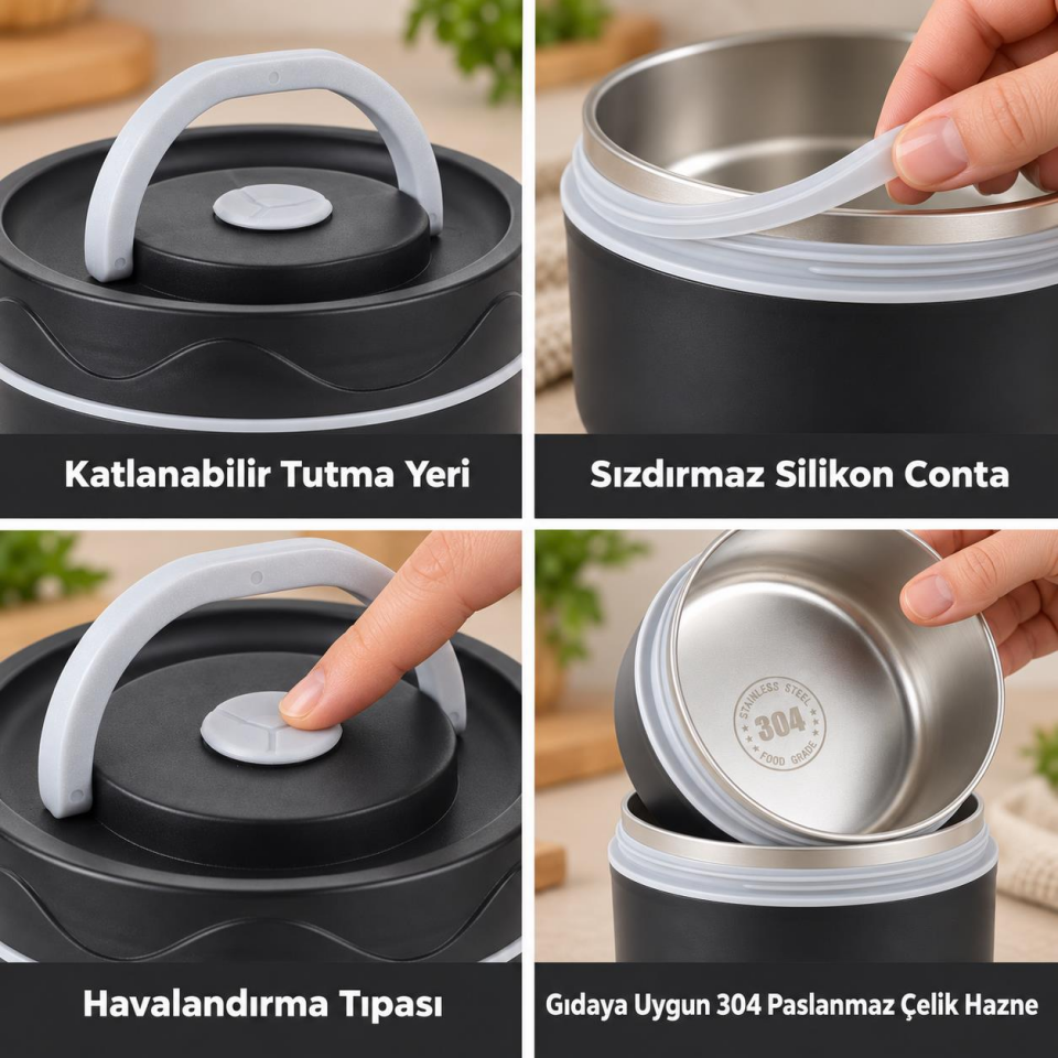 Valkyrie 3 Katlı Taraftar 304 Paslanmaz Çelik Yemek Termosu 420+420+550ml Isı Yalıtımlı Çantalı Siyah