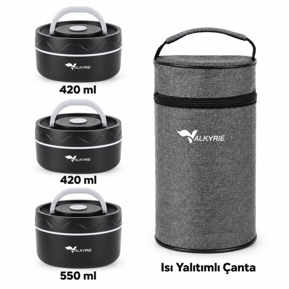 Valkyrie 3 Katlı Taraftar 304 Paslanmaz Çelik Yemek Termosu 420+420+550ml Isı Yalıtımlı Çantalı Siyah