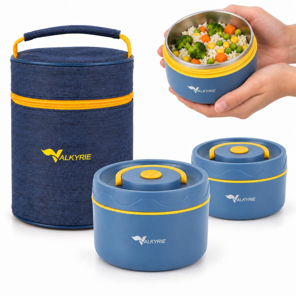 Valkyrie 2 Katlı Taraftar 304 Paslanmaz Çelik Yemek Termosu 420+550 ml Isı Yalıtımlı Çantalı Lacivert