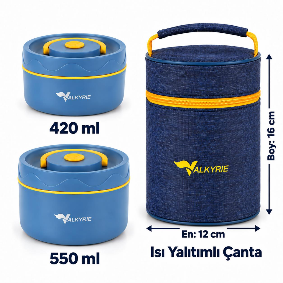Valkyrie 2 Katlı Taraftar 304 Paslanmaz Çelik Yemek Termosu 420+550 ml Isı Yalıtımlı Çantalı Lacivert