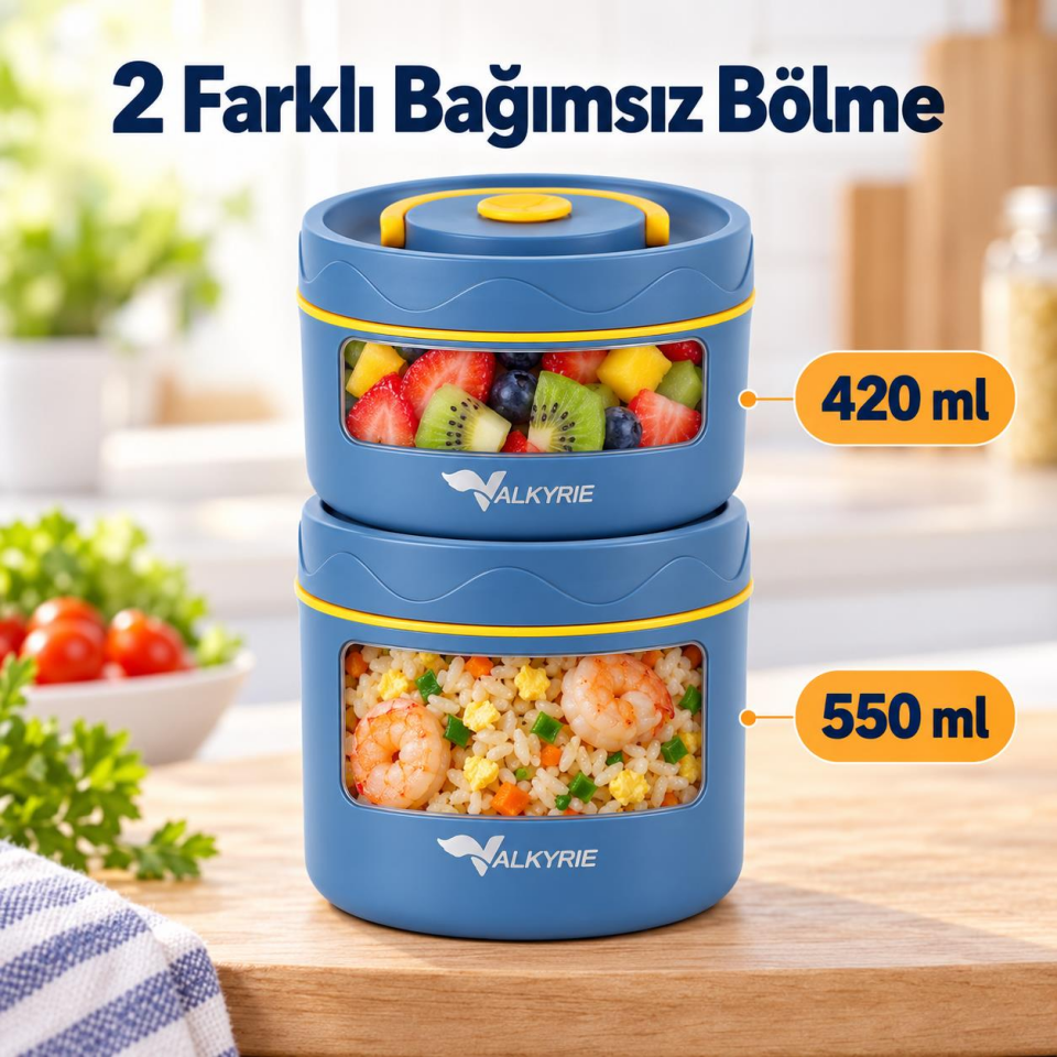 Valkyrie 2 Katlı Taraftar 304 Paslanmaz Çelik Yemek Termosu 420+550 ml Isı Yalıtımlı Çantalı Lacivert