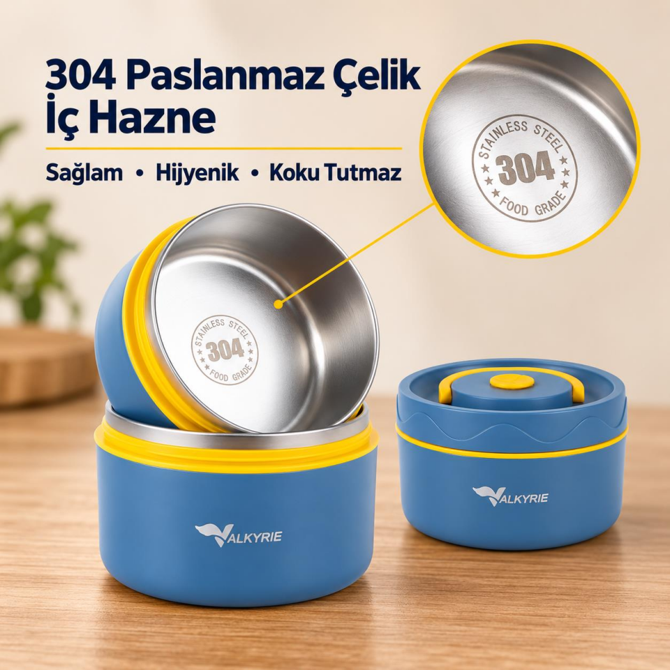 Valkyrie 2 Katlı Taraftar 304 Paslanmaz Çelik Yemek Termosu 420+550 ml Isı Yalıtımlı Çantalı Lacivert