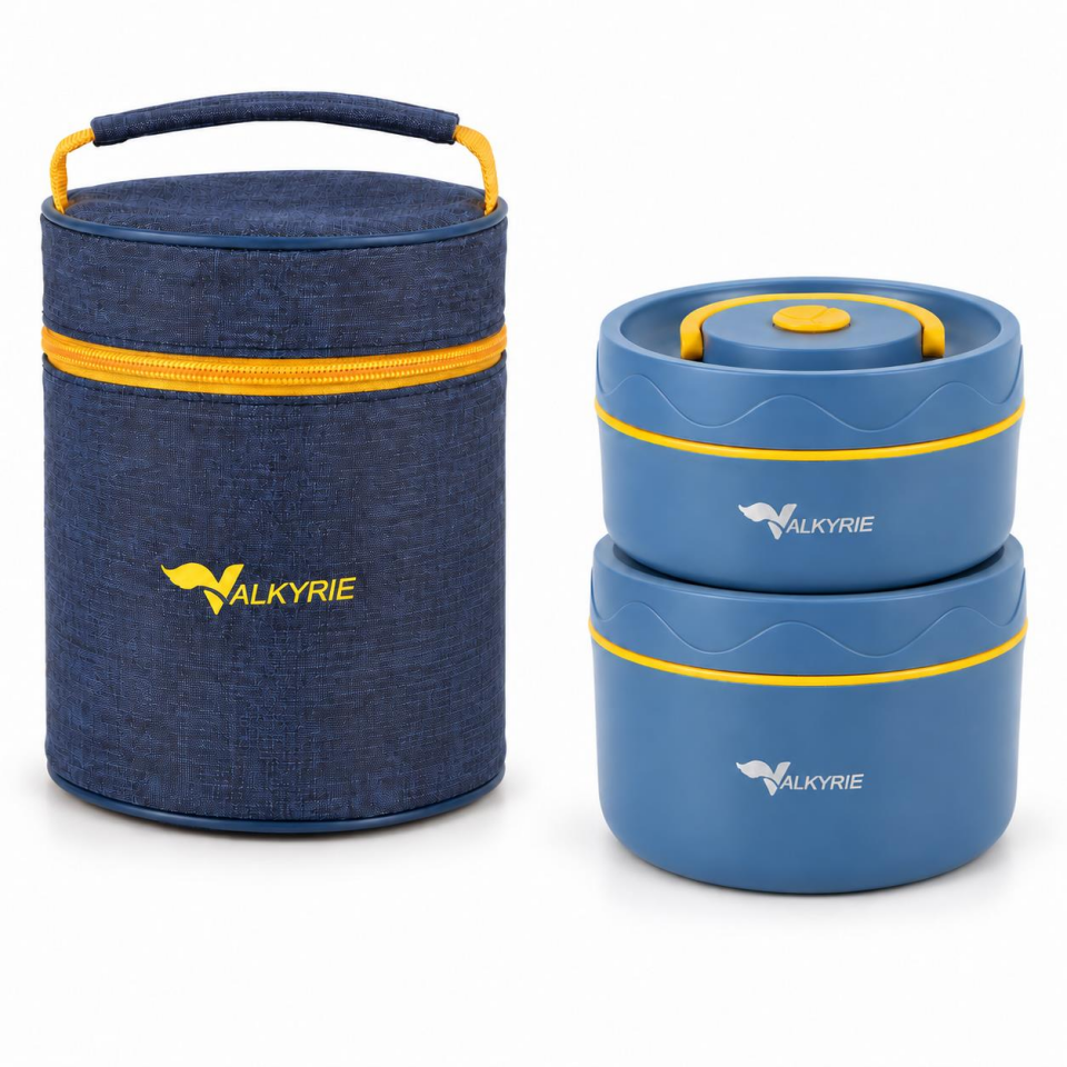 Valkyrie 2 Katlı Taraftar 304 Paslanmaz Çelik Yemek Termosu 420+550 ml Isı Yalıtımlı Çantalı Lacivert