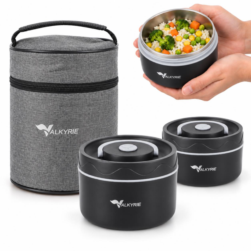 Valkyrie 2 Katlı Taraftar 304 Paslanmaz Çelik Yemek Termosu 420+550 ml Isı Yalıtımlı Çantalı Siyah