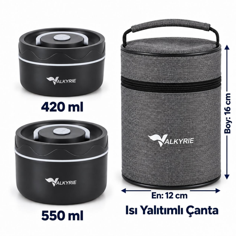 Valkyrie 2 Katlı Taraftar 304 Paslanmaz Çelik Yemek Termosu 420+550 ml Isı Yalıtımlı Çantalı Siyah