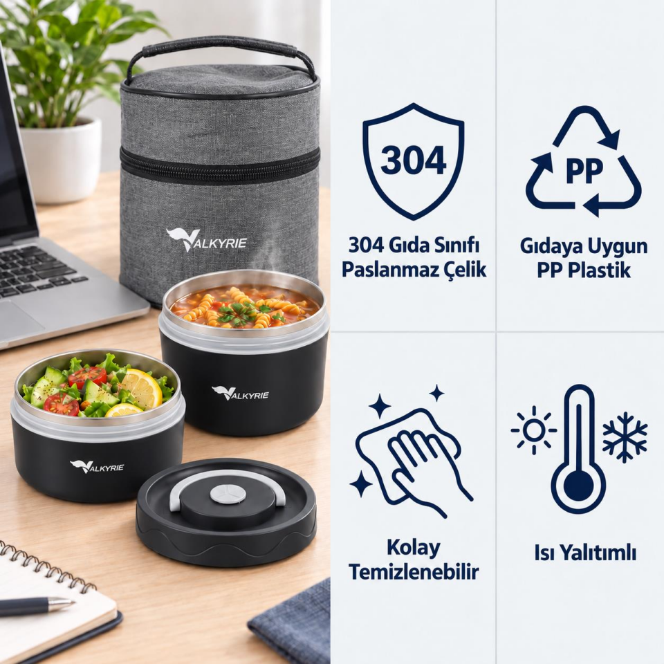 Valkyrie 2 Katlı Taraftar 304 Paslanmaz Çelik Yemek Termosu 420+550 ml Isı Yalıtımlı Çantalı Siyah