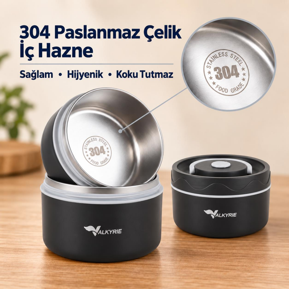 Valkyrie 2 Katlı Taraftar 304 Paslanmaz Çelik Yemek Termosu 420+550 ml Isı Yalıtımlı Çantalı Siyah