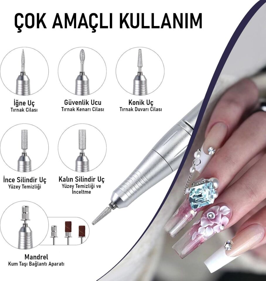 Valkyrie Profesyonel Şarjlı Tırnak Frezesi 45.000 RPM, LCD, 2000 mAh Taşınabilir Manikür Pedikür Makinesi