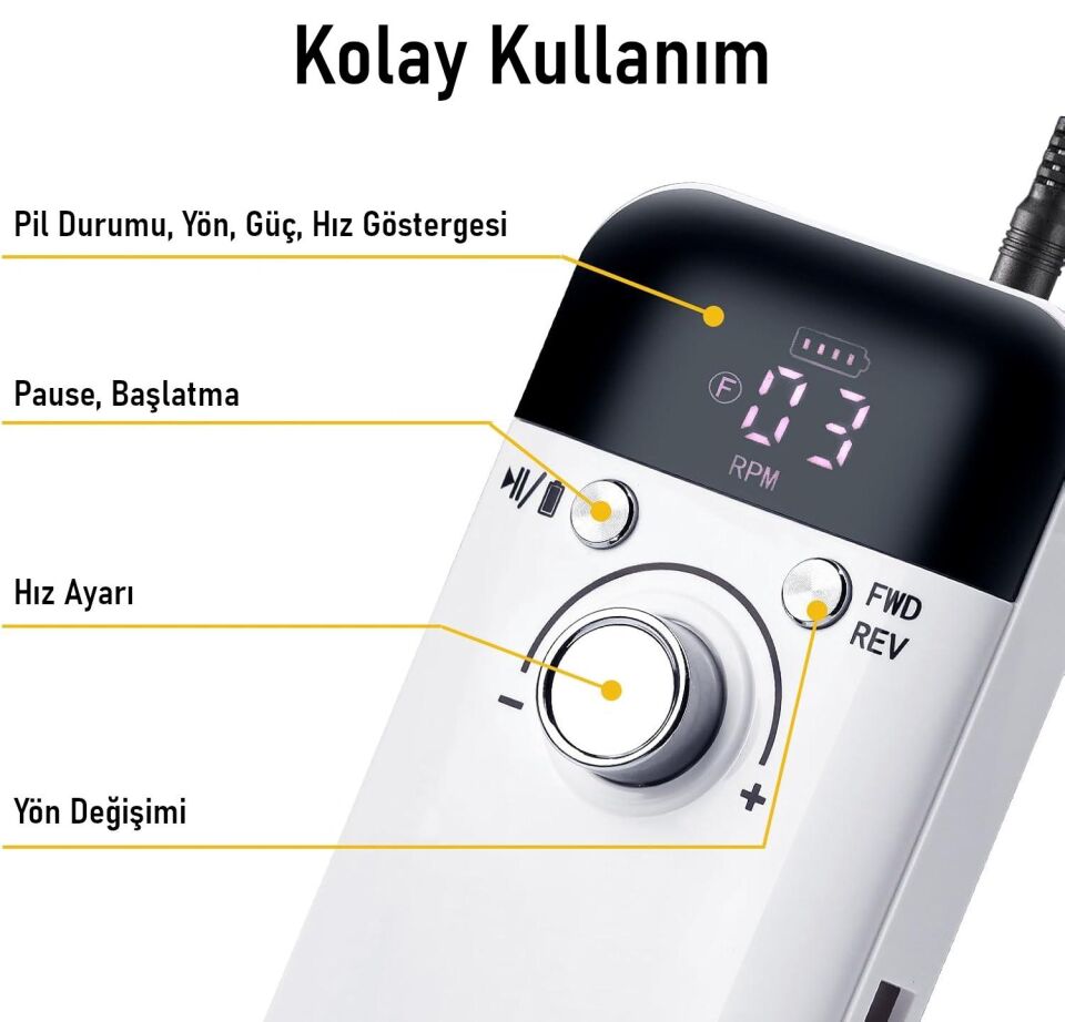 Valkyrie Profesyonel Şarjlı Tırnak Frezesi 45.000 RPM, LCD, 2000 mAh Taşınabilir Manikür Pedikür Makinesi