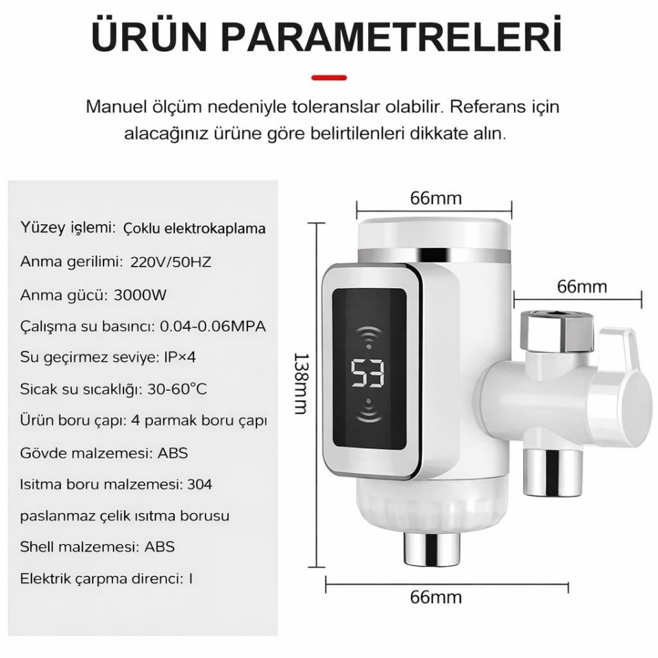 Dijital Göstergeli Elektrikli Musluk Ani Su Isıtıcı 3000W Şofben Musluk Başlığı Sıcak Soğuk Su