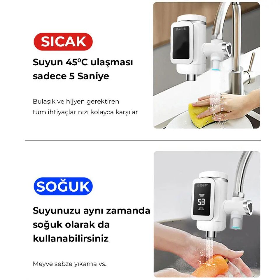 Dijital Göstergeli Elektrikli Musluk Ani Su Isıtıcı 3000W Şofben Musluk Başlığı Sıcak Soğuk Su