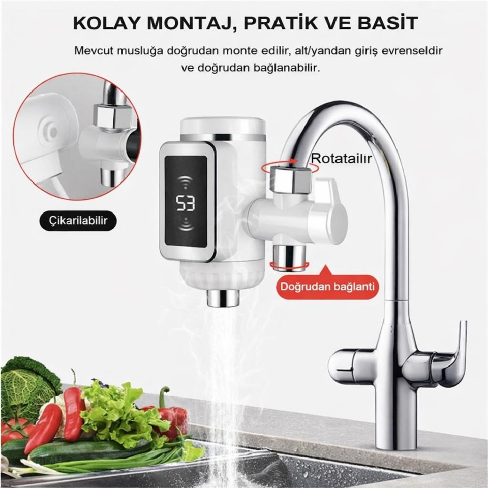 Dijital Göstergeli Elektrikli Musluk Ani Su Isıtıcı 3000W Şofben Musluk Başlığı Sıcak Soğuk Su