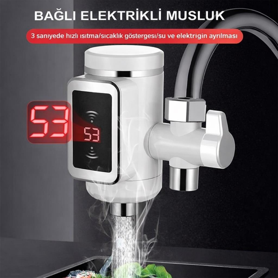 Dijital Göstergeli Elektrikli Musluk Ani Su Isıtıcı 3000W Şofben Musluk Başlığı Sıcak Soğuk Su