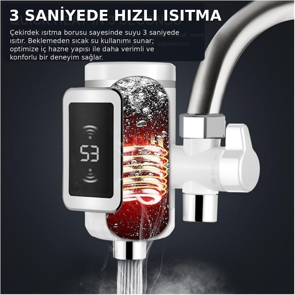 Dijital Göstergeli Elektrikli Musluk Ani Su Isıtıcı 3000W Şofben Musluk Başlığı Sıcak Soğuk Su