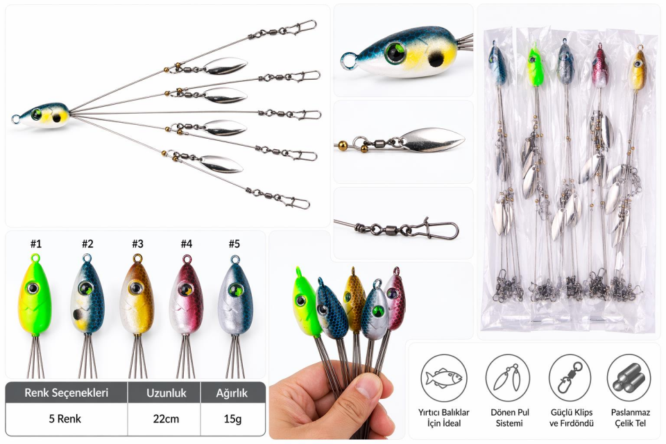 Valkyrie 5'li Alabama Rig 5 Kollu  Fırdöndülü Levrek Şemsiyesi 16.8g 22cm – Spinner Kaşıklı Sahte Yem Sistemi