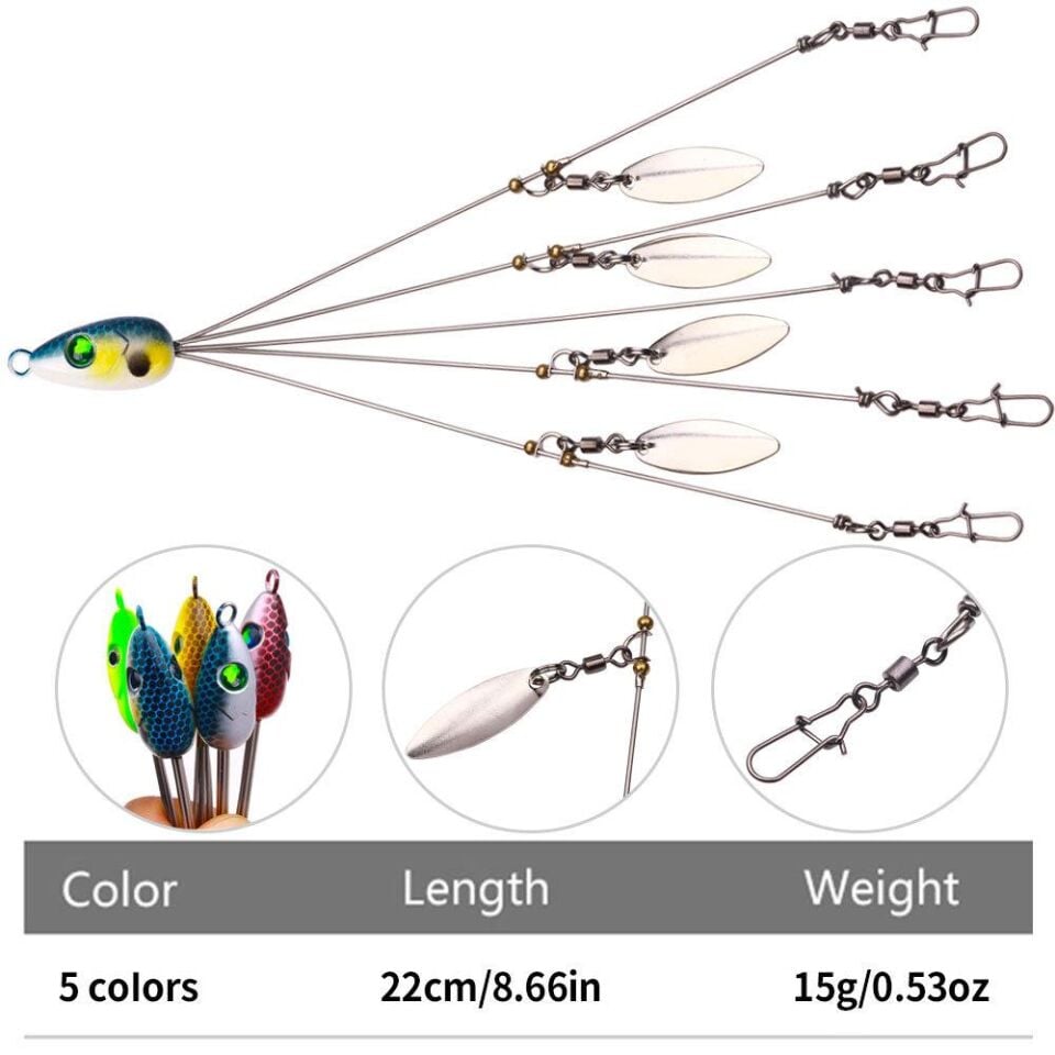 Valkyrie 5'li Alabama Rig 5 Kollu  Fırdöndülü Levrek Şemsiyesi 16.8g 22cm – Spinner Kaşıklı Sahte Yem Sistemi