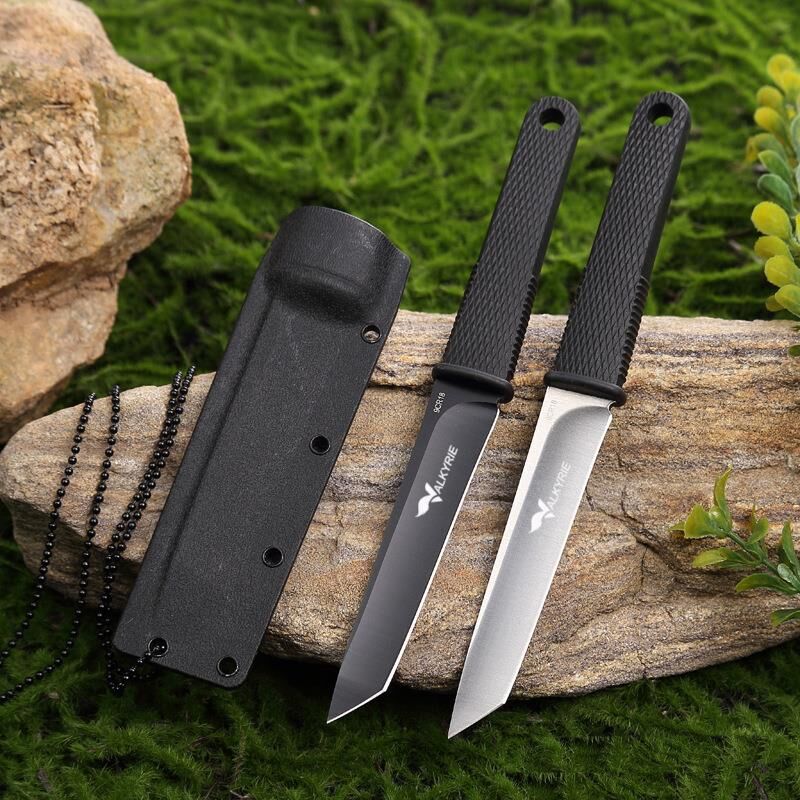 Valkyrie Paslanmaz Soğuk Çelik Tırtıklı 9CR18 Boyun Askılı Kılıflı Kamp Av Bıçağı Gümüş
