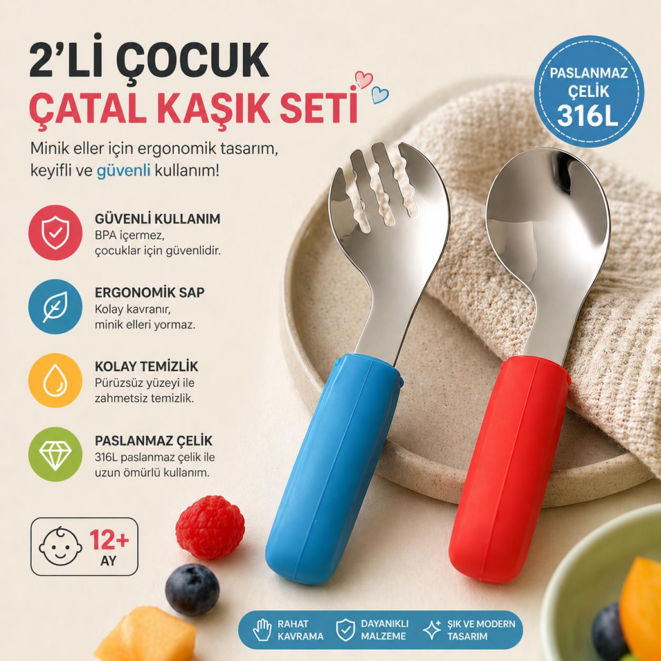 Valkyrie 2’li Çocuk Çatal Kaşık Seti 316L Paslanmaz Çelik Ergonomik Saplı Bebek Kaşık Seti Mavi-Turuncu