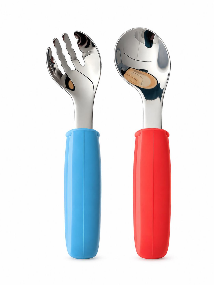 Valkyrie 2’li Çocuk Çatal Kaşık Seti 316L Paslanmaz Çelik Ergonomik Saplı Bebek Kaşık Seti Mavi-Turuncu
