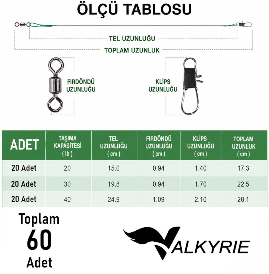 Valkyrie 60 Adet Çelik Fishing Leader Seti – Paslanmaz Çelik Olta Halatı Lider Teli 3 Boy Karışık