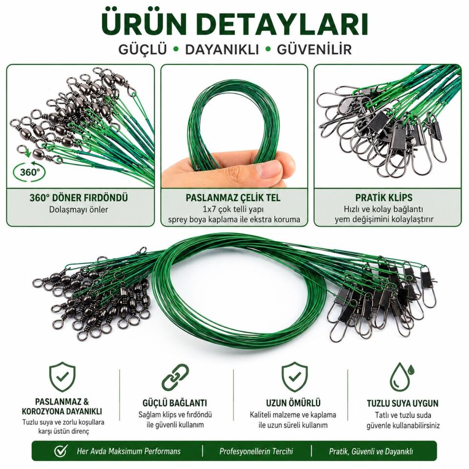 Valkyrie 60 Adet Çelik Fishing Leader Seti – Paslanmaz Çelik Olta Halatı Lider Teli 3 Boy Karışık
