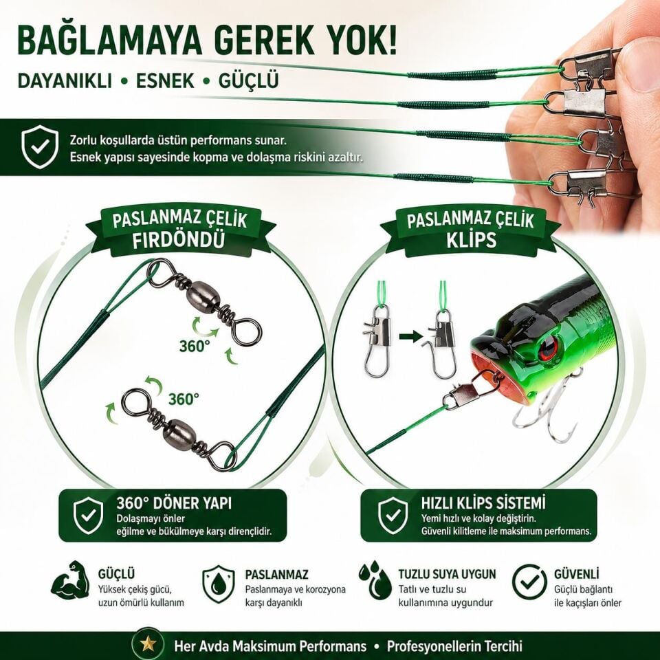 Valkyrie 60 Adet Çelik Fishing Leader Seti – Paslanmaz Çelik Olta Halatı Lider Teli 3 Boy Karışık