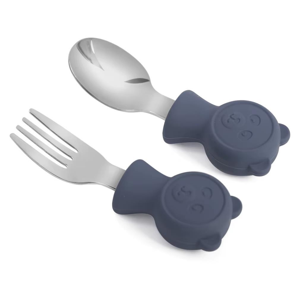 Valkyrie 304 Çelik Panda Bebek Kaşık Çatal SetiSilikon Saplı BPA İçermez Ergonomik Kaymaz Lacivert